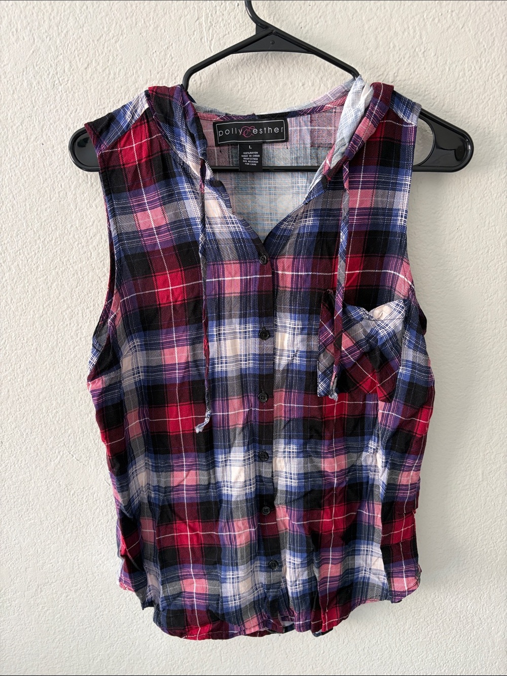 Polly & Esther Red and Black Striped V-Neck Tank w/ Hood Size Juniors Large